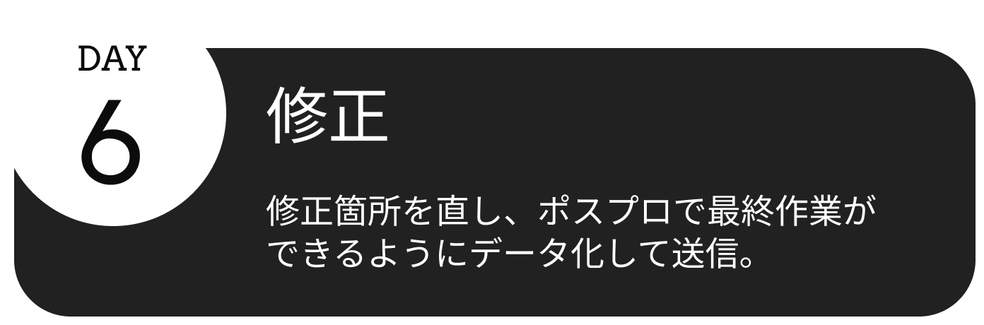 6日目、修正。修正箇所を直し、ポスプロで最終作業が
                                    できるようにデータ化して送信。